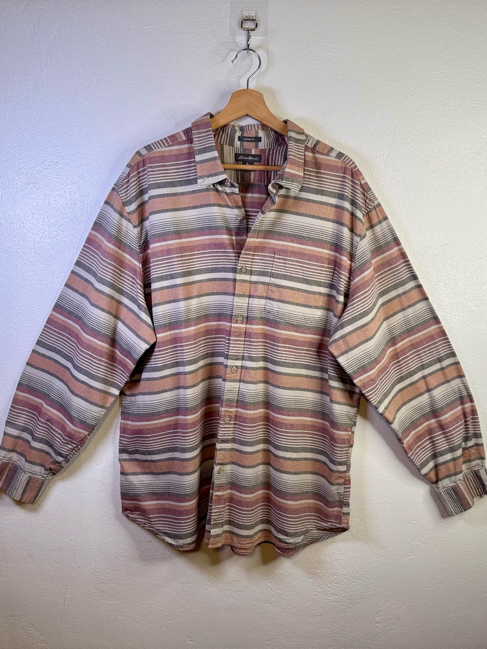 Eddie Bauer Classic Fit Earth Tone Striped Cotton Button Down Shirt Men's 2XL